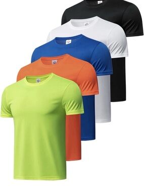 Men's Crew Neck Performance T-Shirt - Black, White, Blue, Orange, Lime(5 pack)